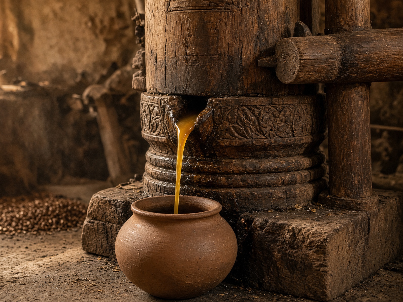 Traditional wooden marachekku press extracting golden oil