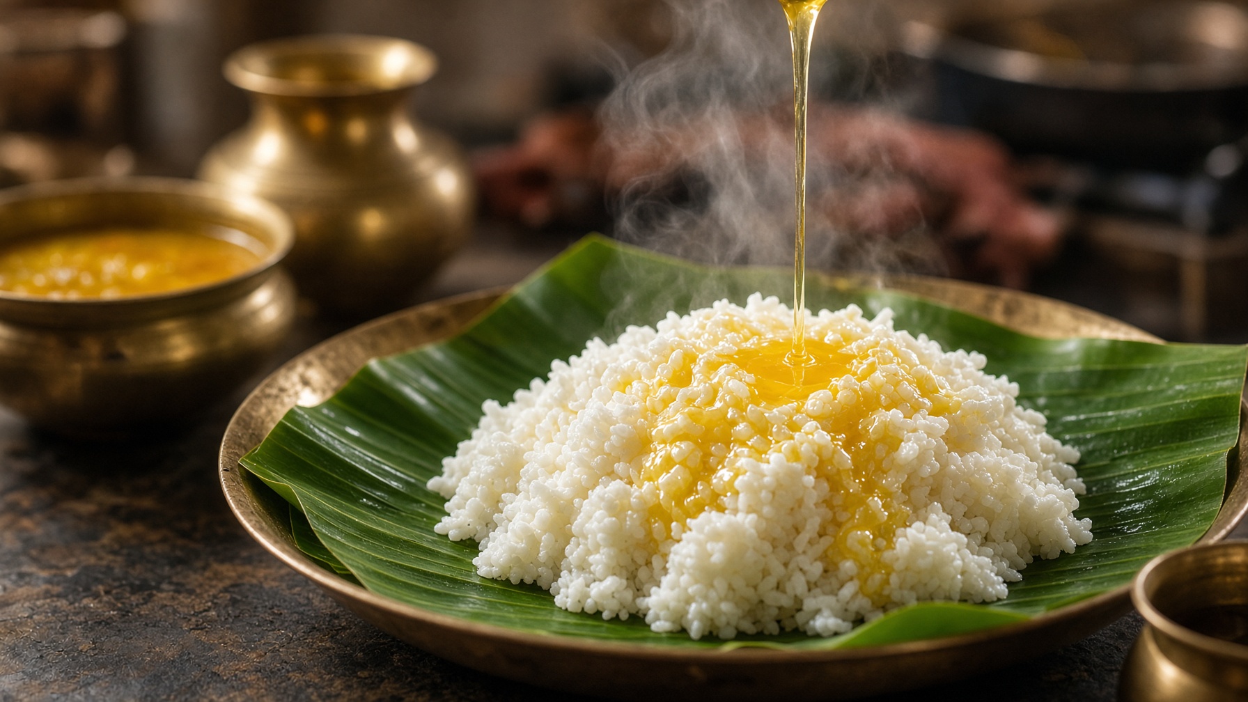 Rice with molten golden ghee on a brass plate